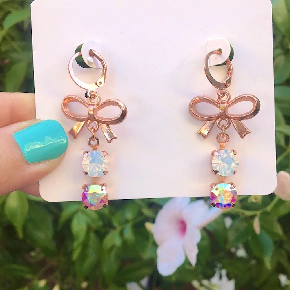 White Opal + Aurora Borealis Crystal Rose Gold Bow Earrings